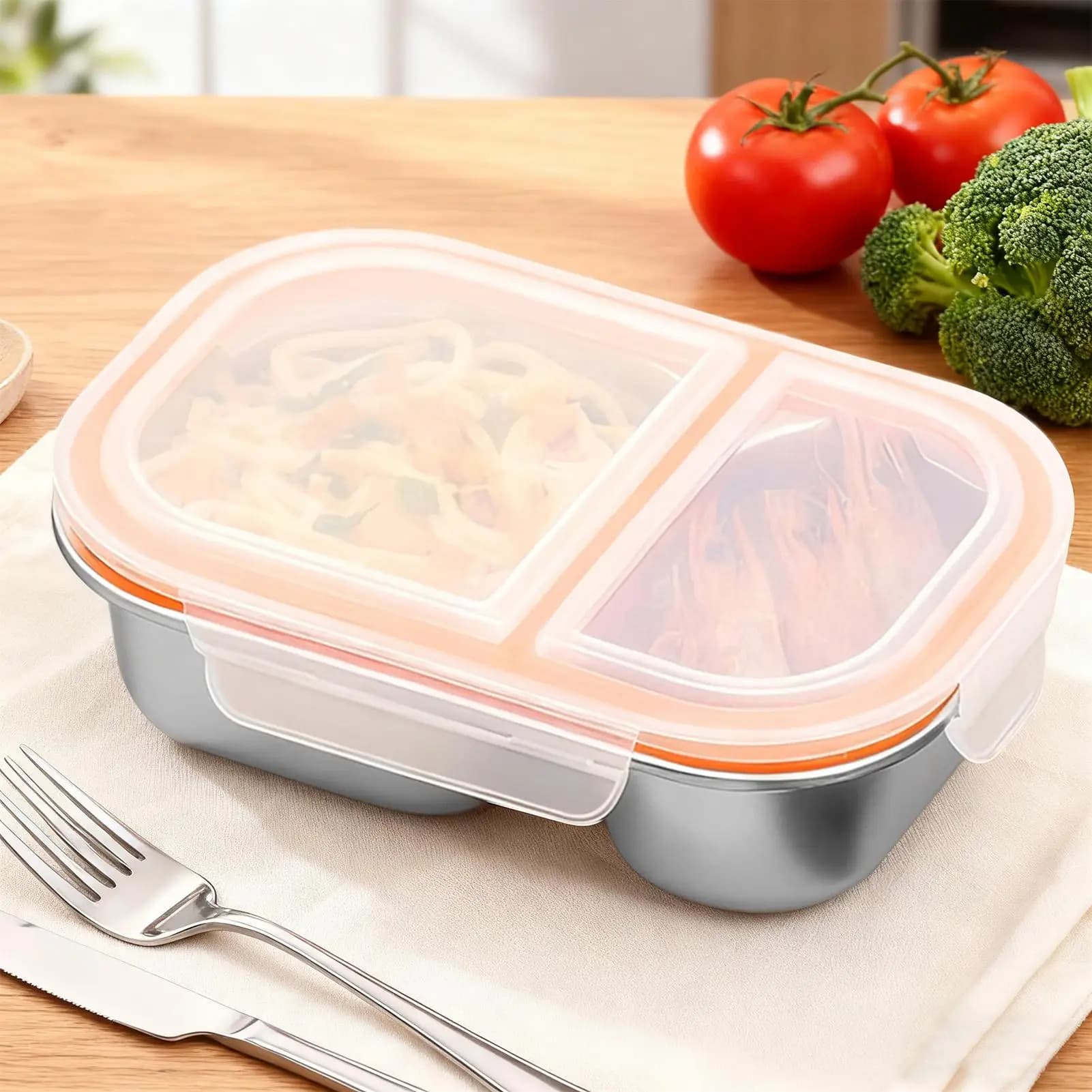 Contenitore per il pranzo a doppio scomparto, a tenuta stagna, per adulti, in acciaio inossidabile, per frutta, verdura, scuola, campeggio