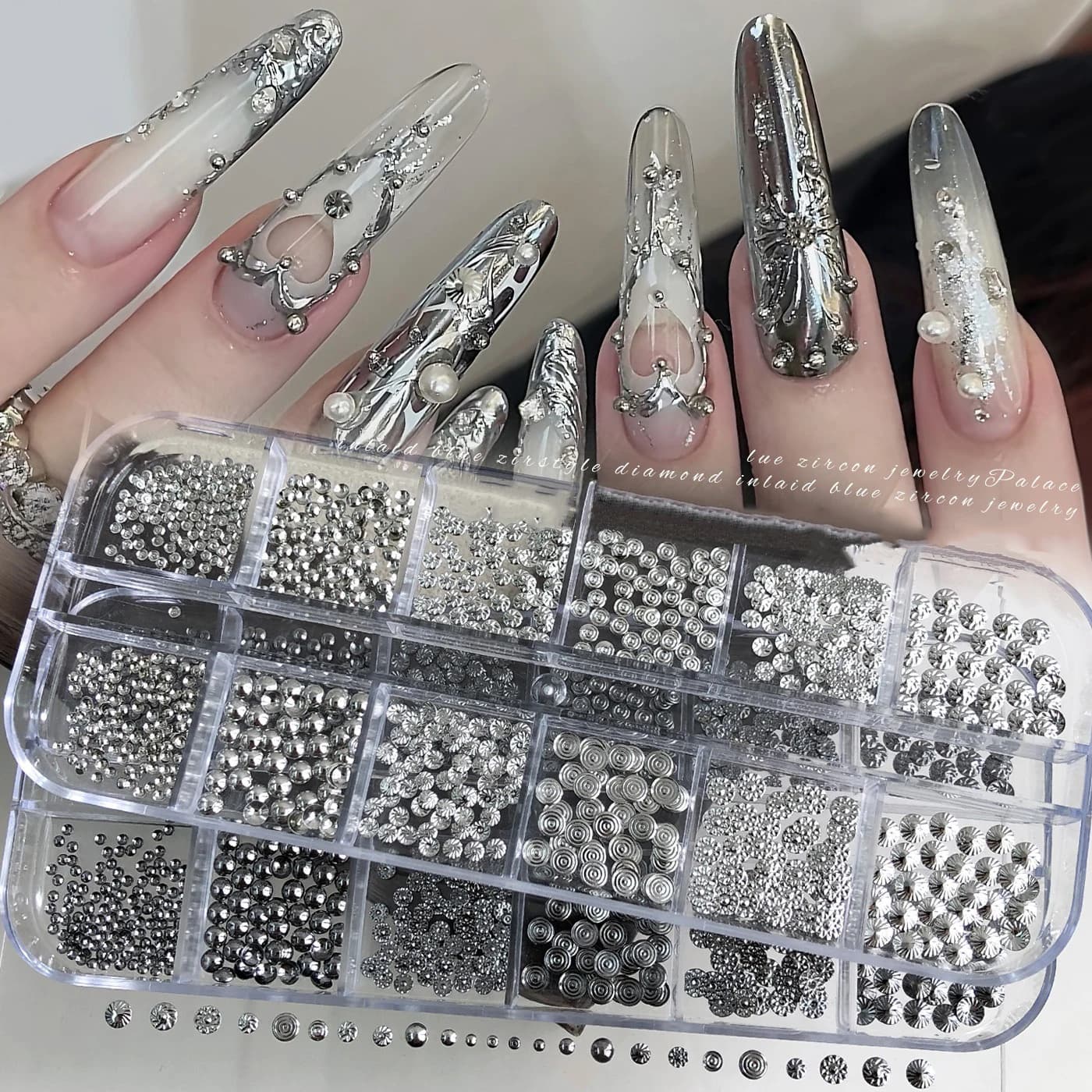 Set of 12 Metal Nail Decorations, Punk Style, Silver and Black Mixed Accessories, Nail Art Rivets