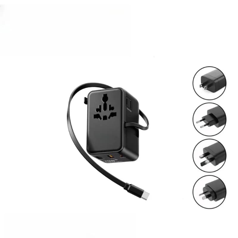 Adattatore da viaggio universale all-in-one con caricatore rapido per laptop, telefoni, fotocamere e cuffie con cavo integrato