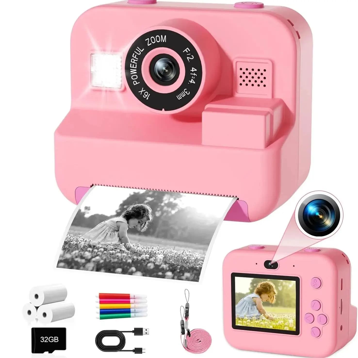 newInstant Print Camera with 32G card Thermal Photo Printing Digital Camera for Kids Video Photography Educational Toy Gift for Kids