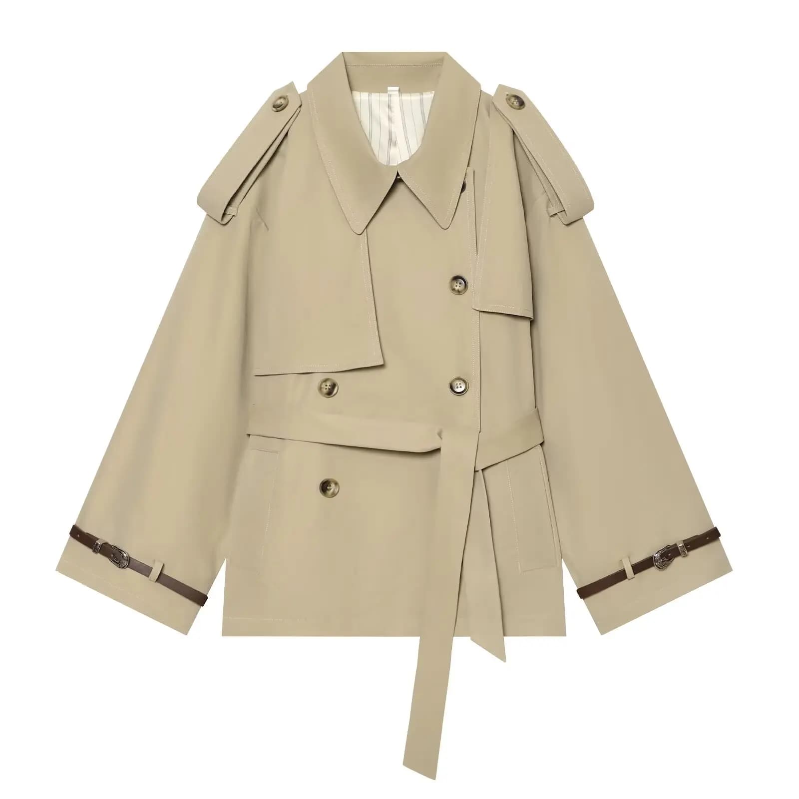 PRINTKAOIR New Fashion Arrival Khaki Women Elegant Double Breasted Belted Waist Epaulet Short Trench Coat Windbreaker Outerwears