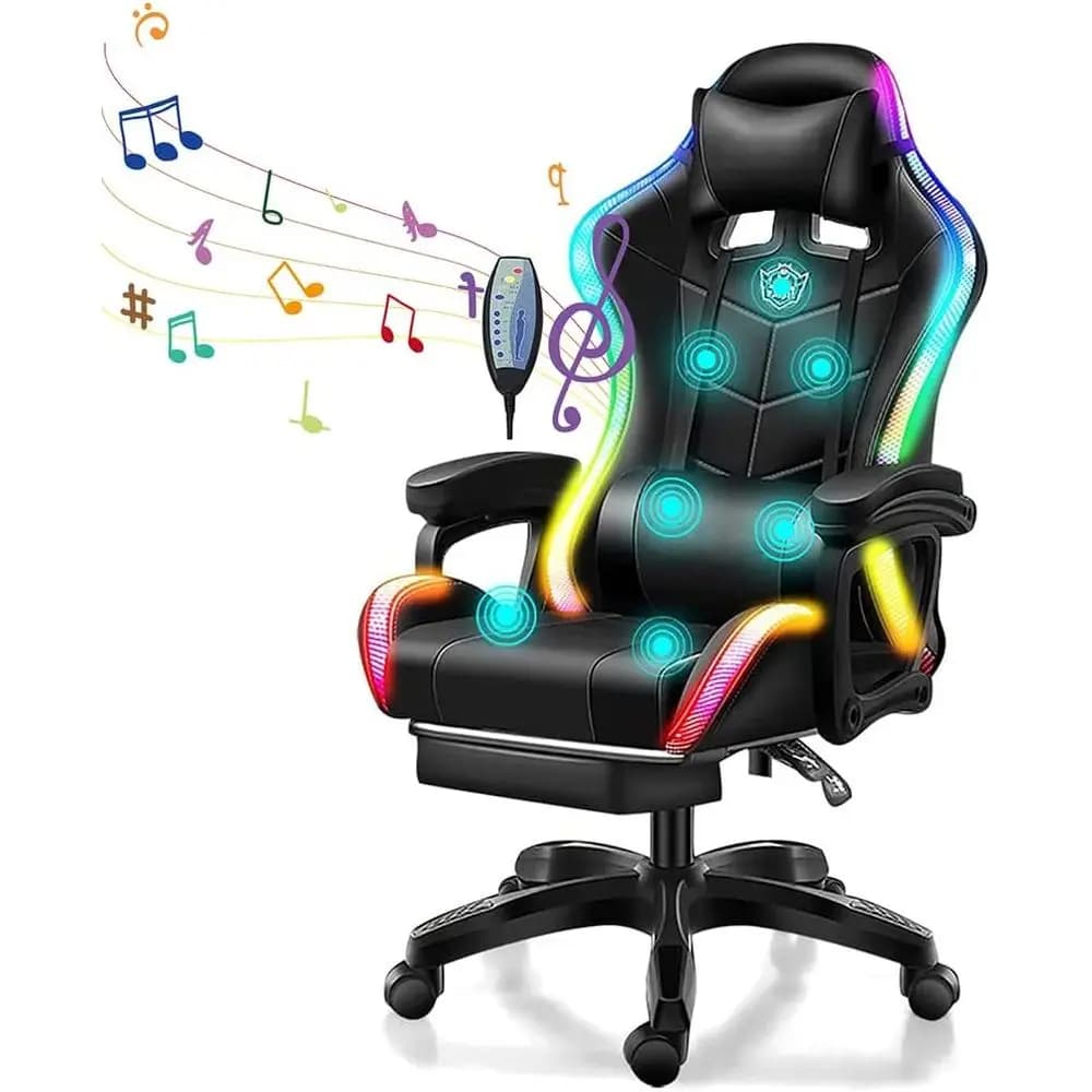 Ergonomic Gaming Chair with Bluetooth Speakers, LED Lights, Massage Lumbar Support, and Adjustable Backrest, Black