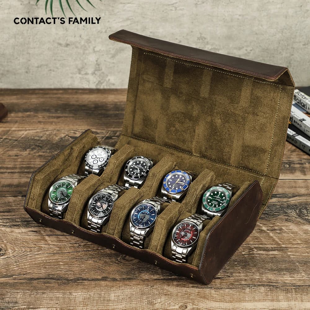 CONTACT'S FAMILY Luxury Genuine Leather 8 Slots Watch Roll Case Watches Storage Travel Display Organizer Gift Box