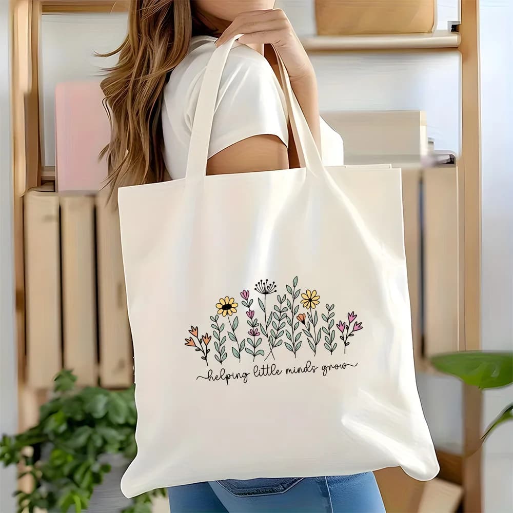 1-Piece Double-Sided Printed "Helping Your Little Brain Grow" Teacher Appreciation Tote Bag - Large Capacity Durable Shoulder Bag, Reusable Shopping Bag, Suitable for Teacher Gifts, Daily Use, and Shopping