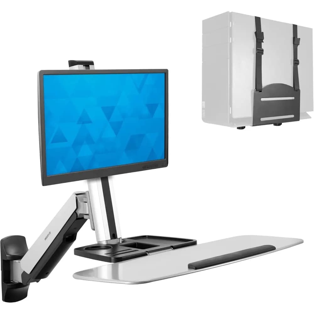 Postazione di Lavoro a Parete Sit-Stand | Postazione computer regolabile in altezza con supporto per monitor articolato e tastiera