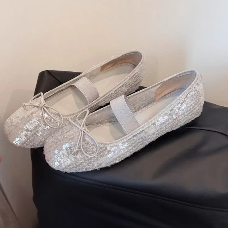 2026 Spring New Korean Version Niche Sequin Strap with Bow Women's Versatile Casual Ballet Flats