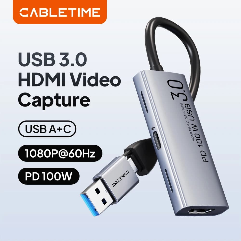 CABLETIME Scheda di Acquisizione Video USB 3.0 con PD 100W, HDMI 5Gbps 4K 1080p Full HD per PS5, Streaming, Switch, Registratore Video