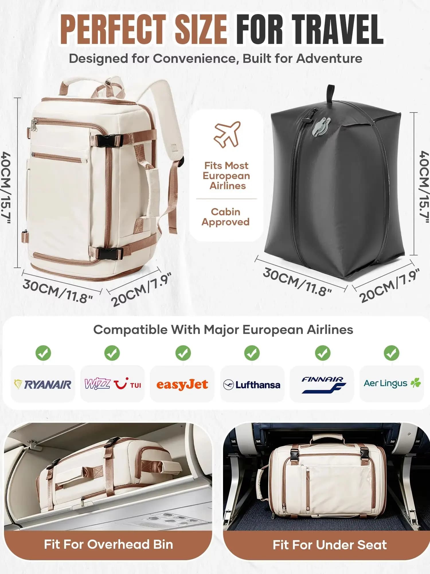 Ryanair Hand Luggage 40x30x20 Travel Backpack, Airplane Cabin Backpack Send Vacuum Storage Bag and Pump, Backpack for Women Men