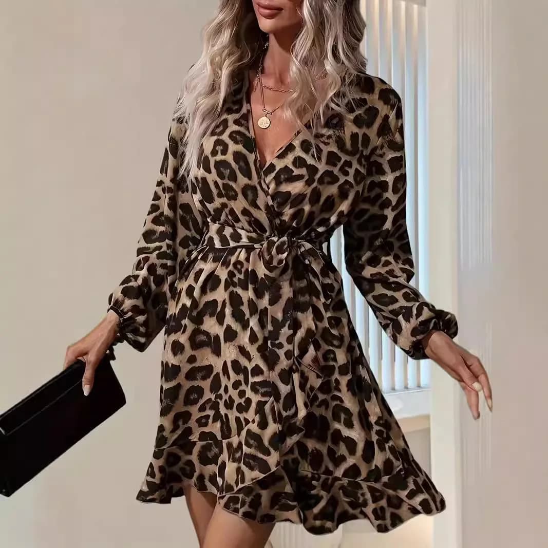 2025 Primavera Estate New Fashion Leopard Print Dress Donna Elegante scollo a V Manica lunga Cintura a righe Abiti Casual Abiti da festa