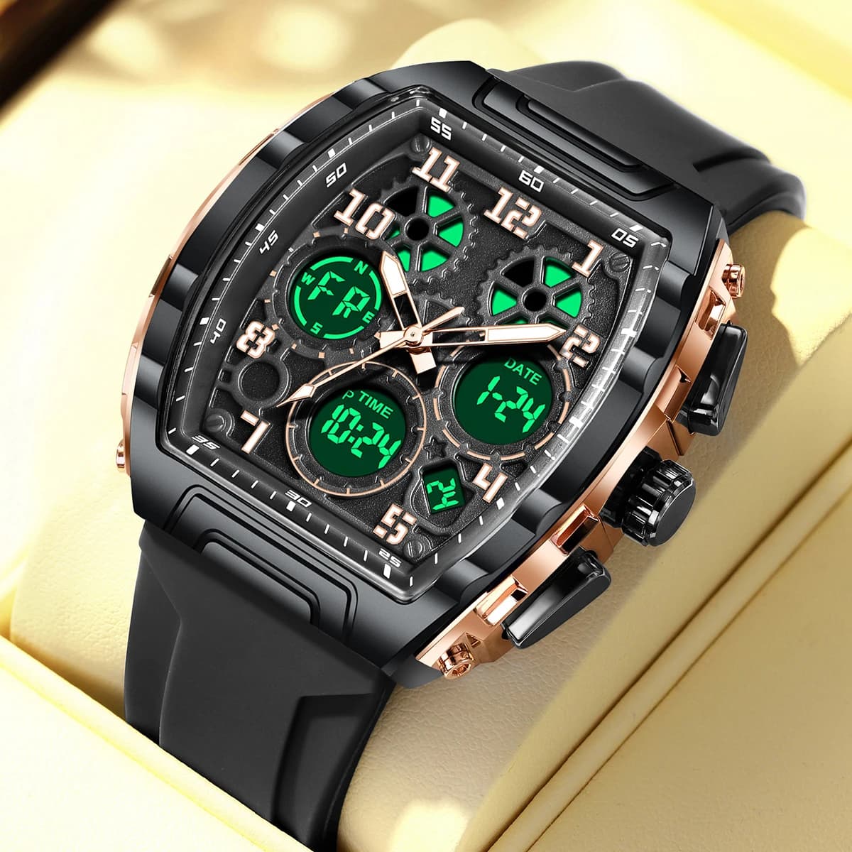 Foxbox Digital Sports Wrist Watch for Men, Double Display, Tonneau Watch with Chronograph, Luminous Silicone Strap