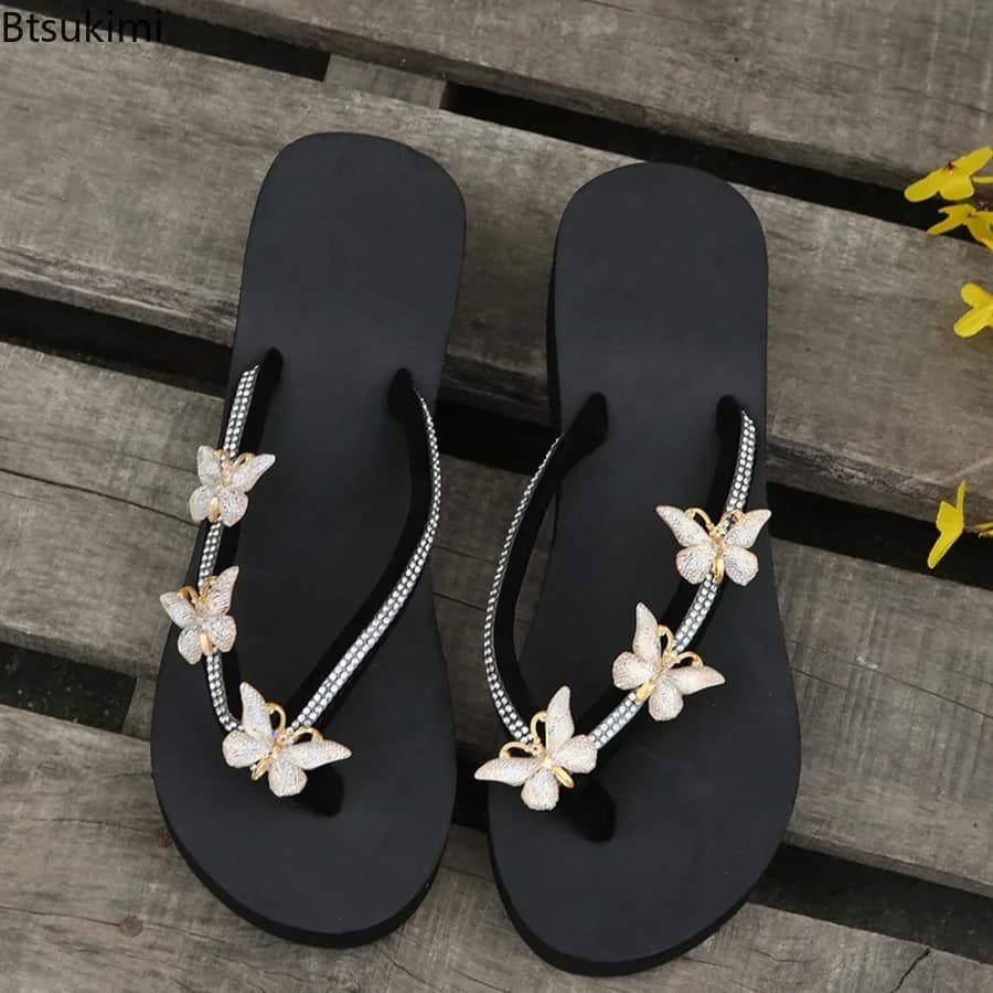 2026 Summer Fashion Women's Rhinestone Rubber Slippers Butterfly Accessories Flip Flops for Women Wedge Non Slip Ladies Shoes