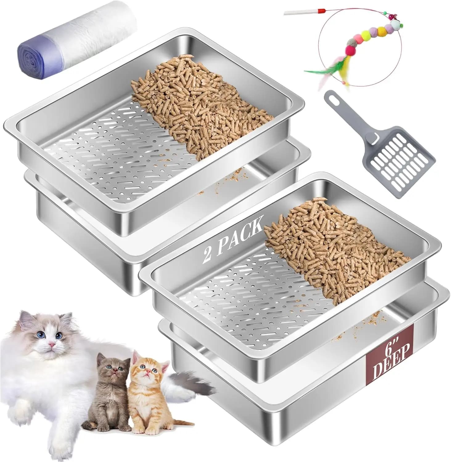 Set di 2 Lettiere per Gatti in Acciaio Inox con Setaccio per Lettiera in Pellet di Pino, Lettiere in Metallo con Setaccio per Gattini