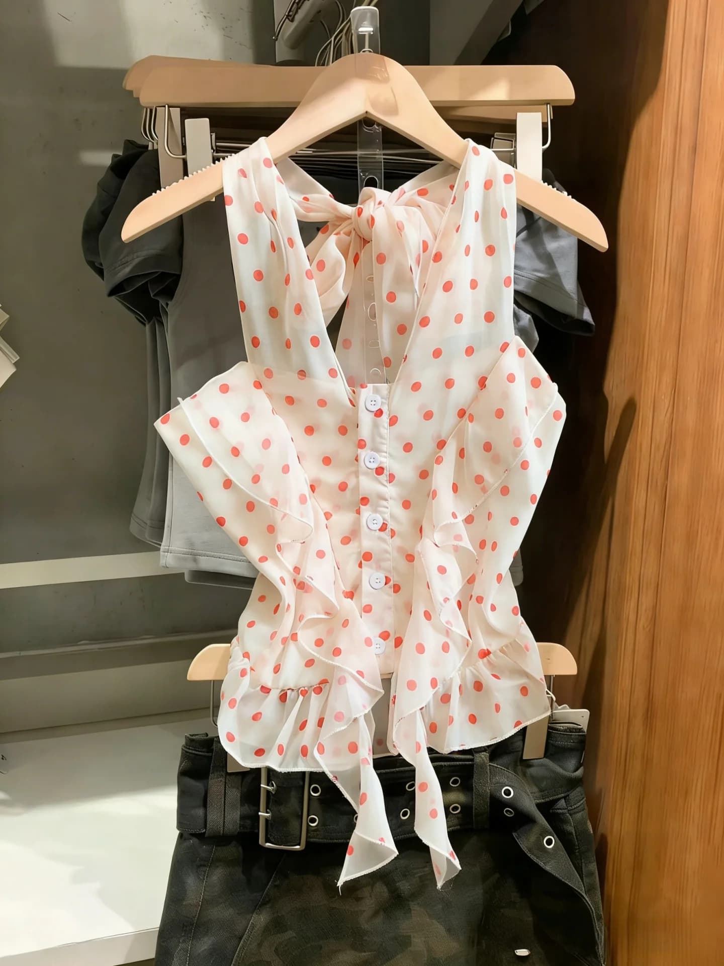 Polka Dot Halter Neck Tied Lace Trim Summer New Unique Women's Backless Blouse Korean Style Gauze Shirt Flounce Sleeveless Top