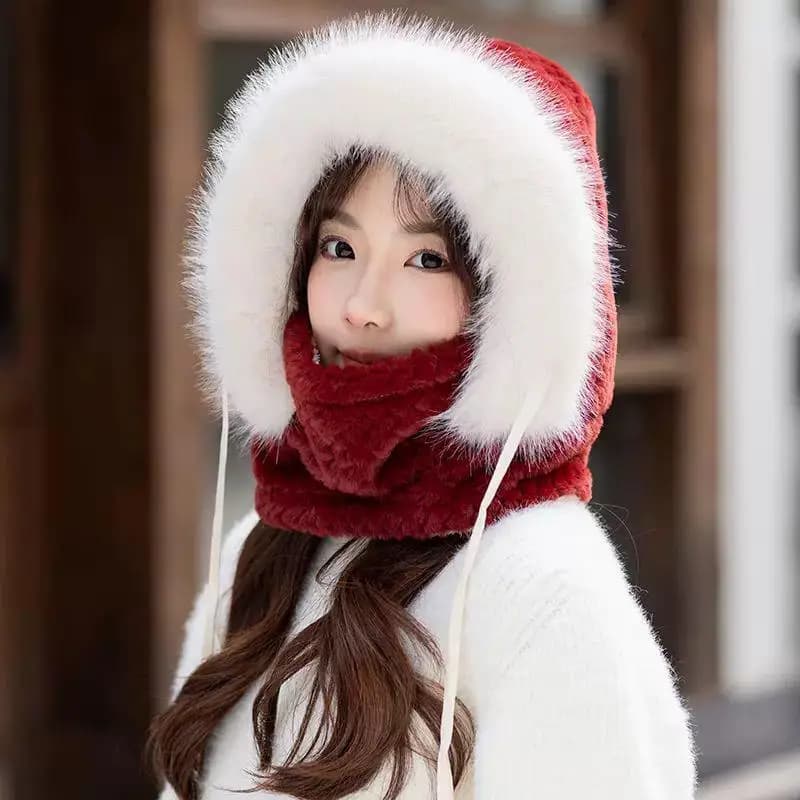 Winter Plush Hood Scarf for Women, Thermal Protection for Earrings, Thick Windproof Hat for Open Activities in Autumn