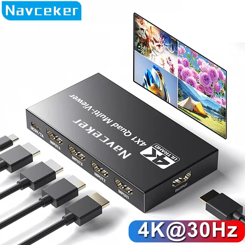 Navceker Multiviewer HDMI 4K 4x1, Switcher HDMI 4 in 1 Out con Telecomando per TV e Laptop
