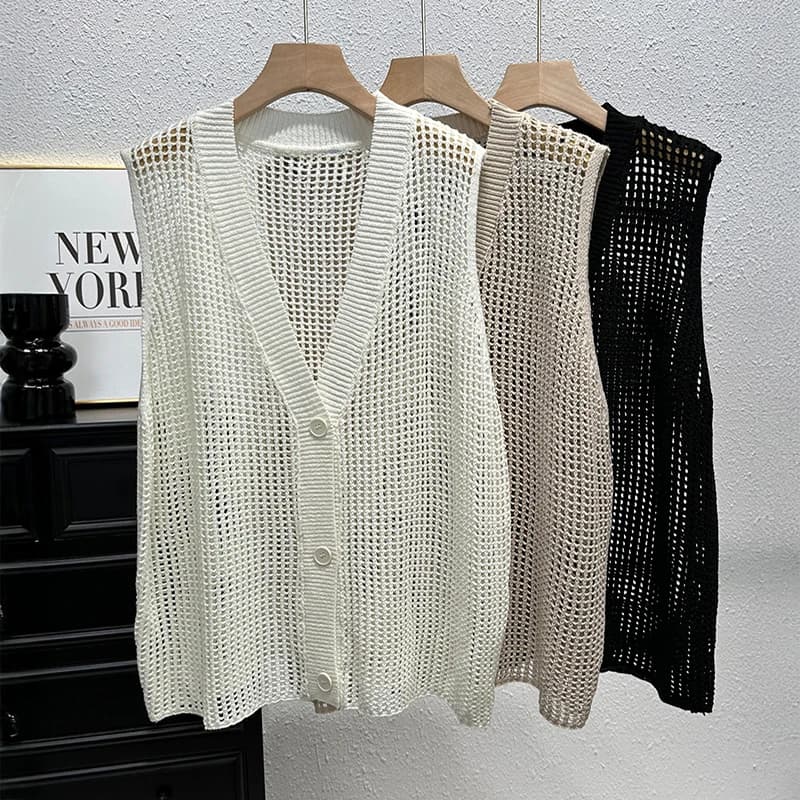 Button Down Crochet Vest for Women V-Neck Sleeveless Openwork Waistcoat Top Summer Boho Chic Vintage Outfit
