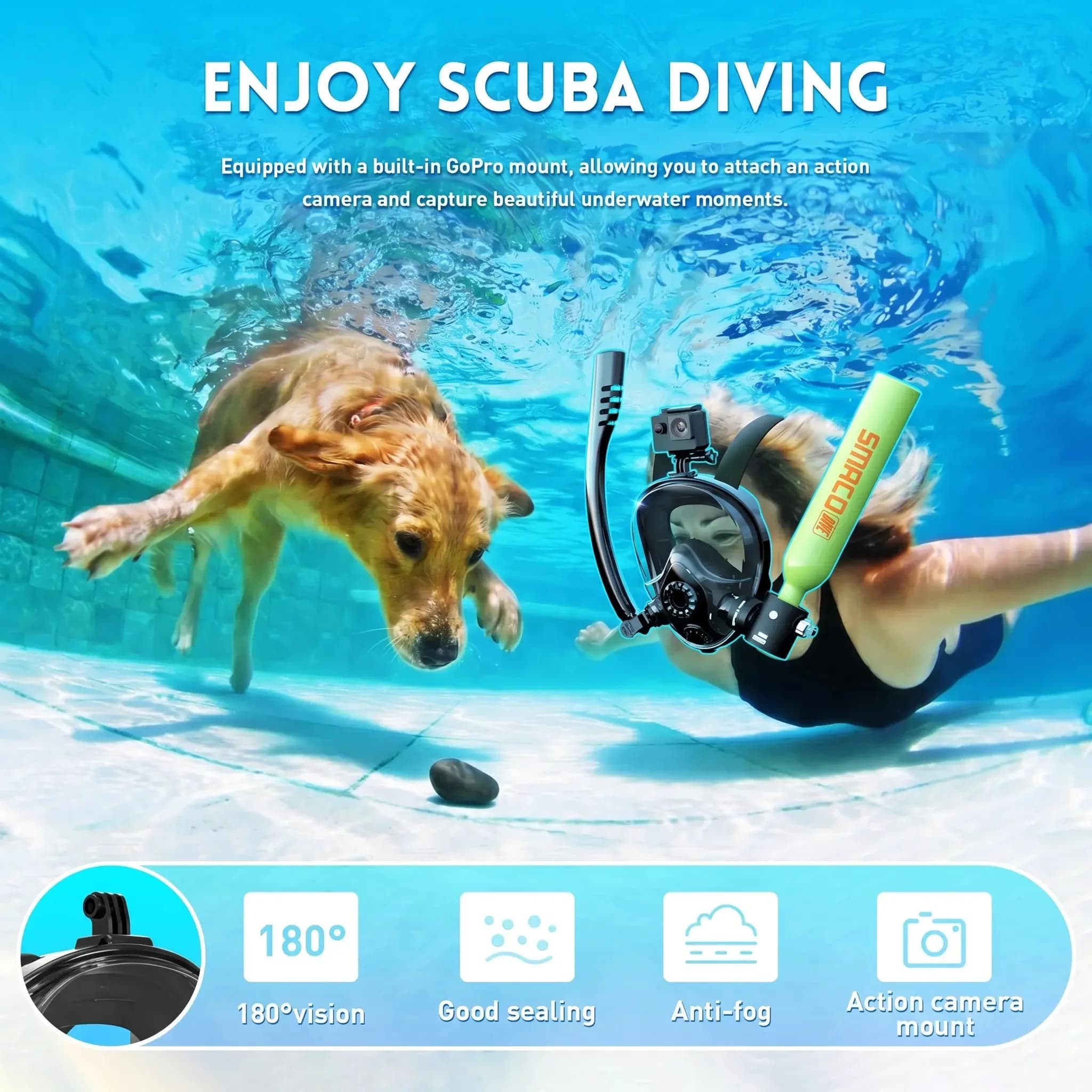Mini Bombola Subacquea SMACO con Maschera Snorkel 0.5L, Bombola Portatile per Immersioni con Maschera Integrale Riutilizzabile Certificata DOT Pony B