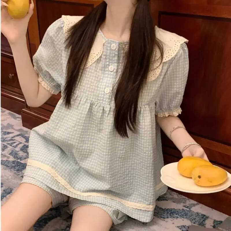 Completo Estivo da Casa per Donna, Versione Coreana con Colletto a Bambola, Set Corto a Quadri con Maniche Corte, Abbigliamento Alla Moda per Studentesse