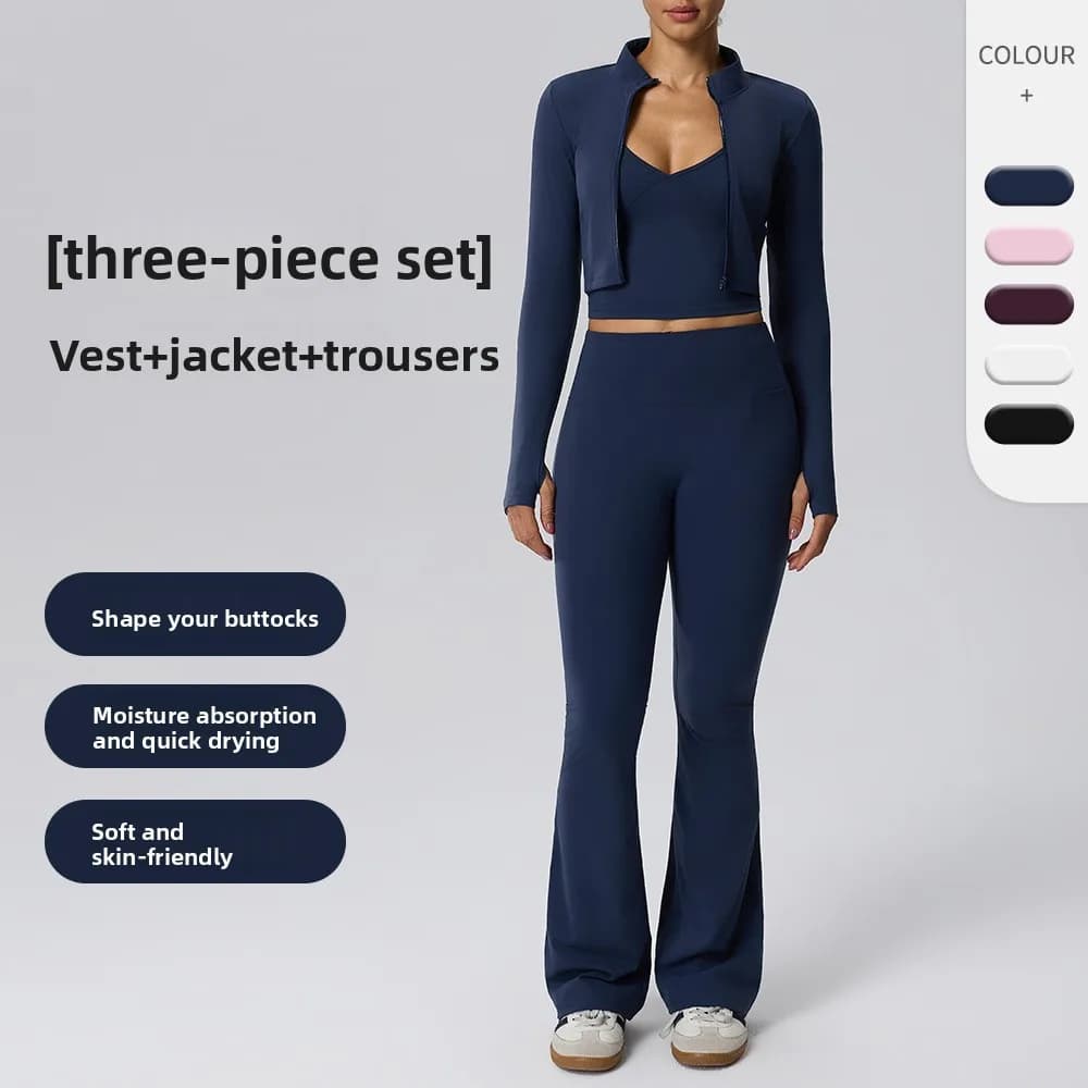 Naked Feel Fitness Three-Piece Set: Deep V Backless Top, Peach Butt Leggings, Quick-Dry Long Sleeve Jacket Yoga Set