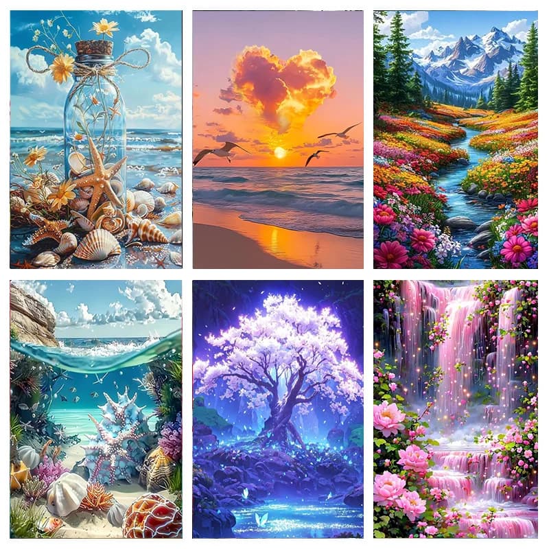 Set di pittura diamantata 5D estiva AB DIY, con un design di paesaggio costiero, adatto per adulti e principianti.