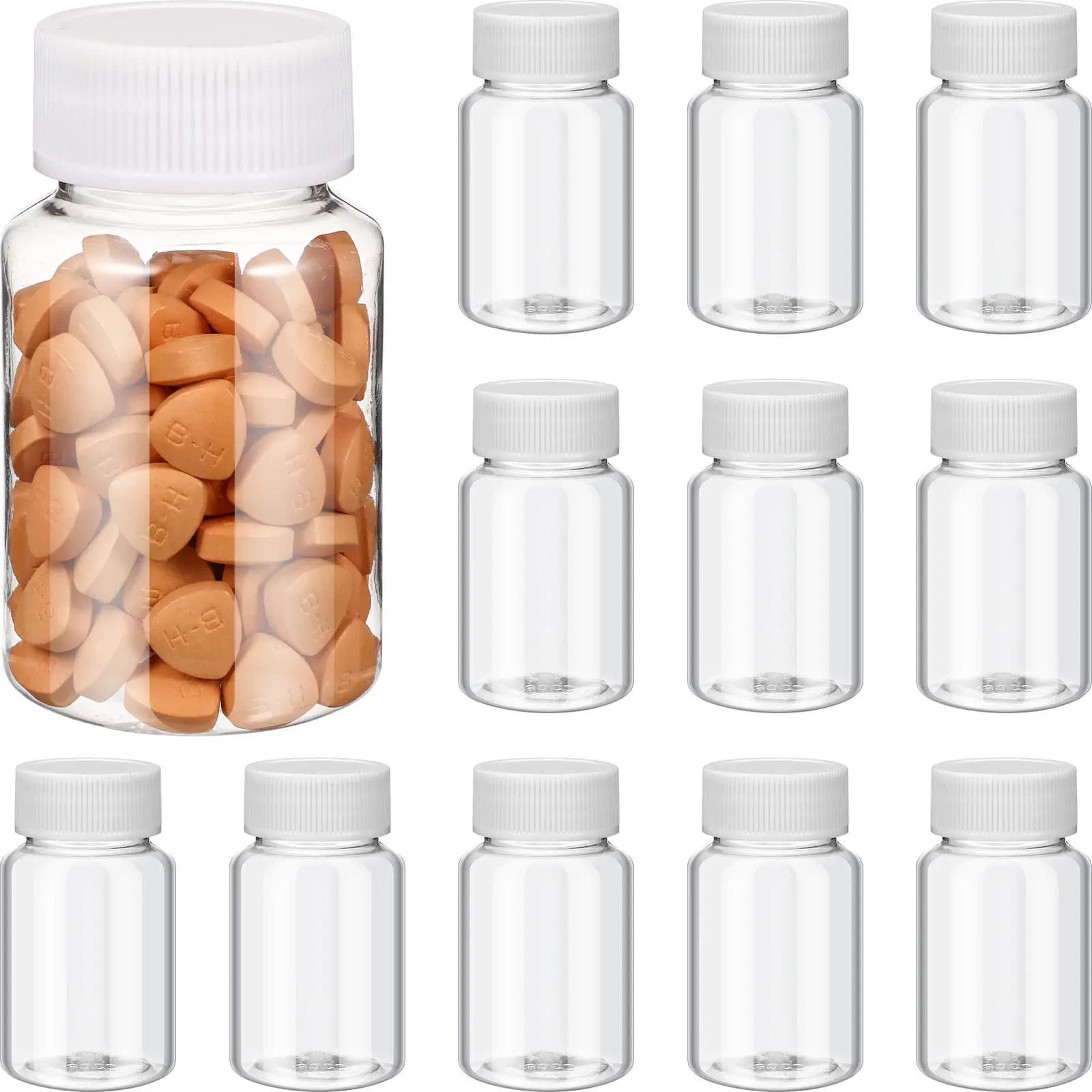12 Pieces Transparent Plastic Containers for Pills, Vacuum Travel Flavors with Screw Caps for Vitamins, Capsules, Food Supplements, Domestic Use