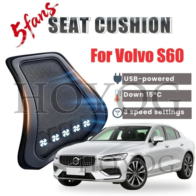 For Volvo S60 Car Seat Cooling Lumbar Support Cushion Back Support Pillow USB Fan 3 Speed Airflow Breathable Ice Silk Waist Rest