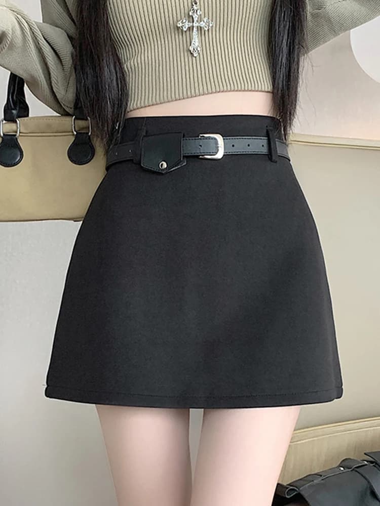 Gonna a vita alta a trapezio da donna, corta, con cintura, modellante, nera, stile casual, senza spacco interno