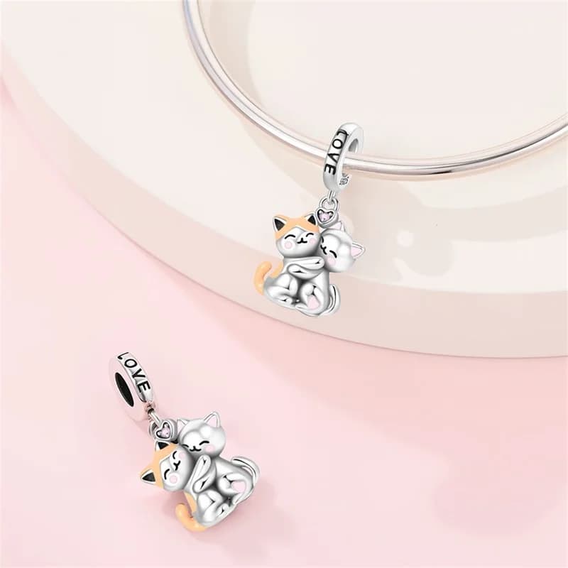 925 Sterling Silver Sweet Cat Hug Charms Beads Shining Zircon Dangle Fit Original Bracelet DIY Women Jewelry