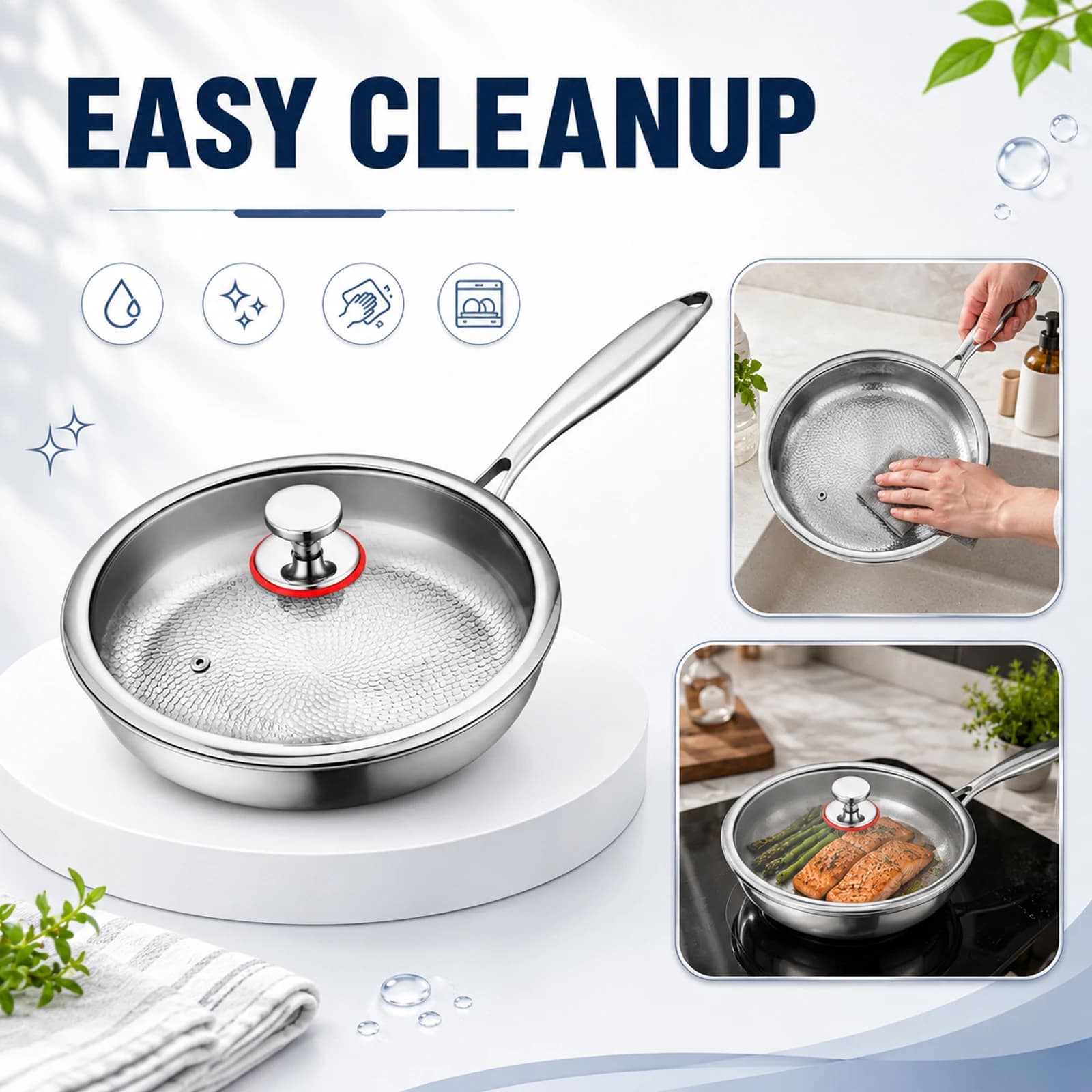 Hammered Nonstick Pan with Lid 24cm, High-end Titanium Steel Frying Pan, Uncoated Fish-scale Hammer Pattern Kitchen Cookware