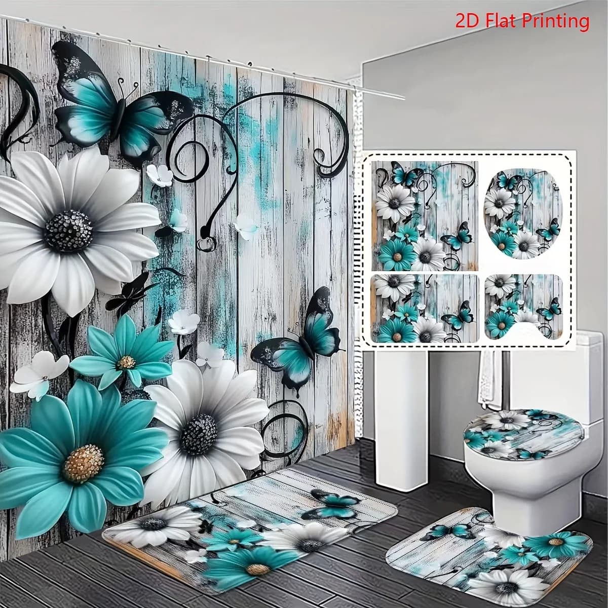 Set Tenda Doccia 1 o 4 Pezzi con Motivo Floreale e Farfalle Bianche e Teal - Arredo Bagno Moderno - Tenda in Tessuto Lavabile - Tappeti e Copertura