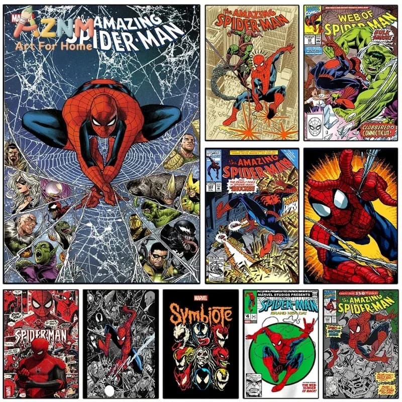 Amazing Spider Man Villains Canvas Wall Art Vintage Comic Superhero Print Collage For Teen Boys Bedroom Gaming Dorm Unframed