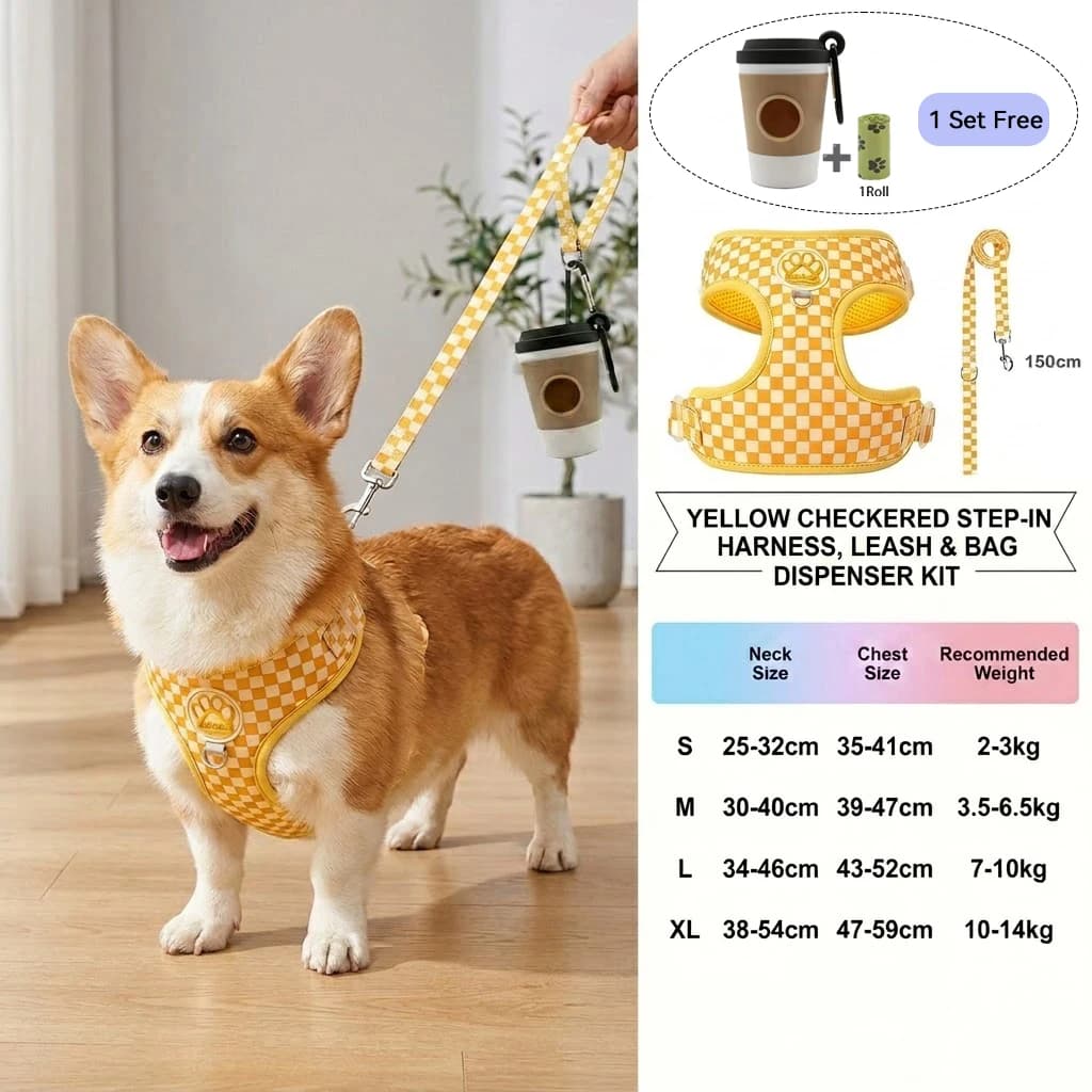 Nuova Pettorina per Cani a Quadri Stile Scacchiera, Anti-Trazione, Anti-Scatto, Regolabile, Traspirante, con Guinzaglio per Passeggiate all'Aperto
