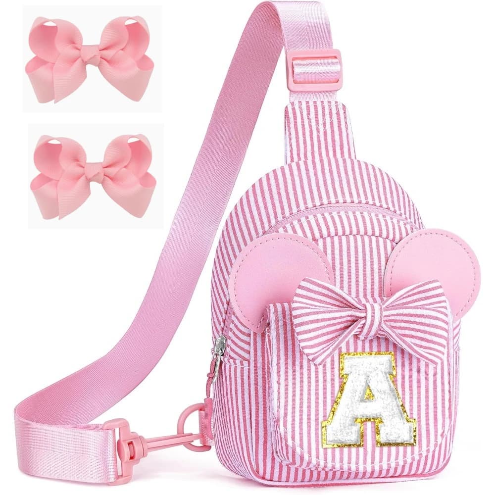 Set 3 Pezzi Borsa a Tracolla per Bambine, Borsa a Tracolla a Righe con Orecchie di Topolino, Marsupio, Fermaglio per Capelli a Fiocco, Borsa a Spalla, Regali per Bambini