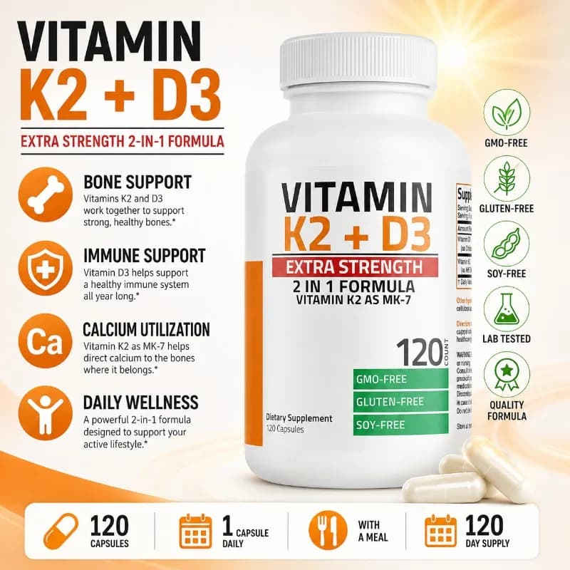 Vitamin K2 MK7 supplement with D3 Extra Strong for Bone and Heart Health, Non-GMO, 10000 UI D3