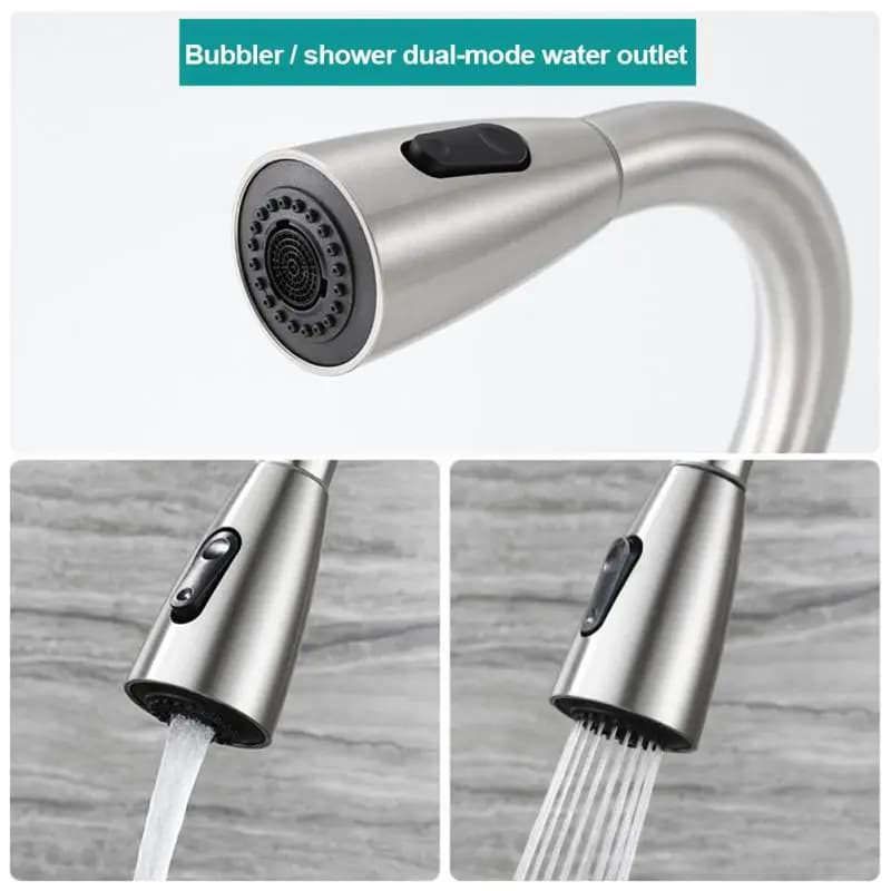 Rubinetto da cucina in nichel spazzolato Foro singolo Beccuccio estraibile Lavello da cucina Miscelatore Testa spruzzatore a flusso Rubinetto miscelatore cromato/nero
