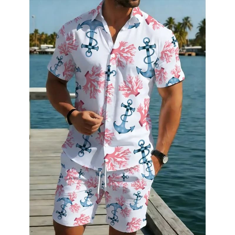 Men's Summer Beachwear Shirt Set Boat Anchor Coral Printed Short Sleeve Shirt Shorts Light Blue Pink Breathable Casual Vacation
