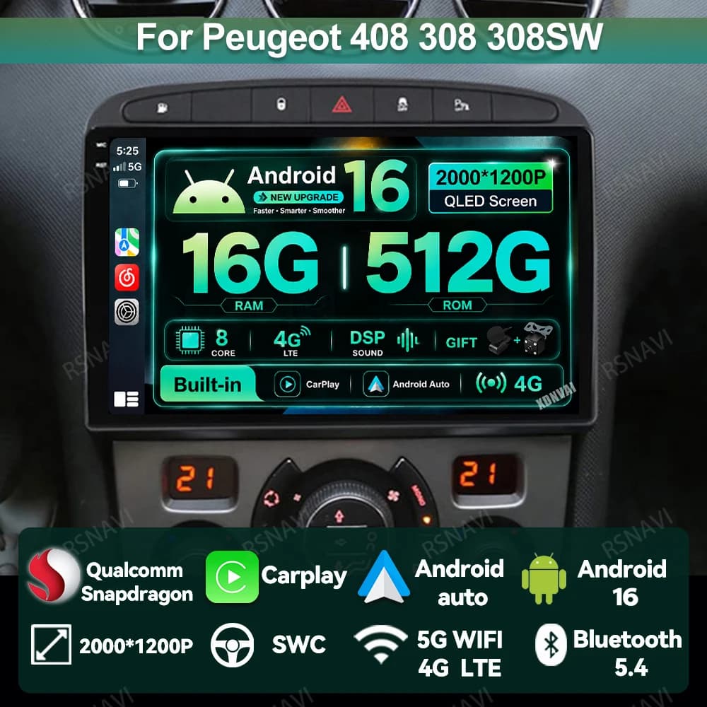 Car Radio Android 16 For Peugeot 408 308 308SW Autoradio DSP GPS Stereo Navigation Viedo Player Head Unit 4G LTE Multimedia BT