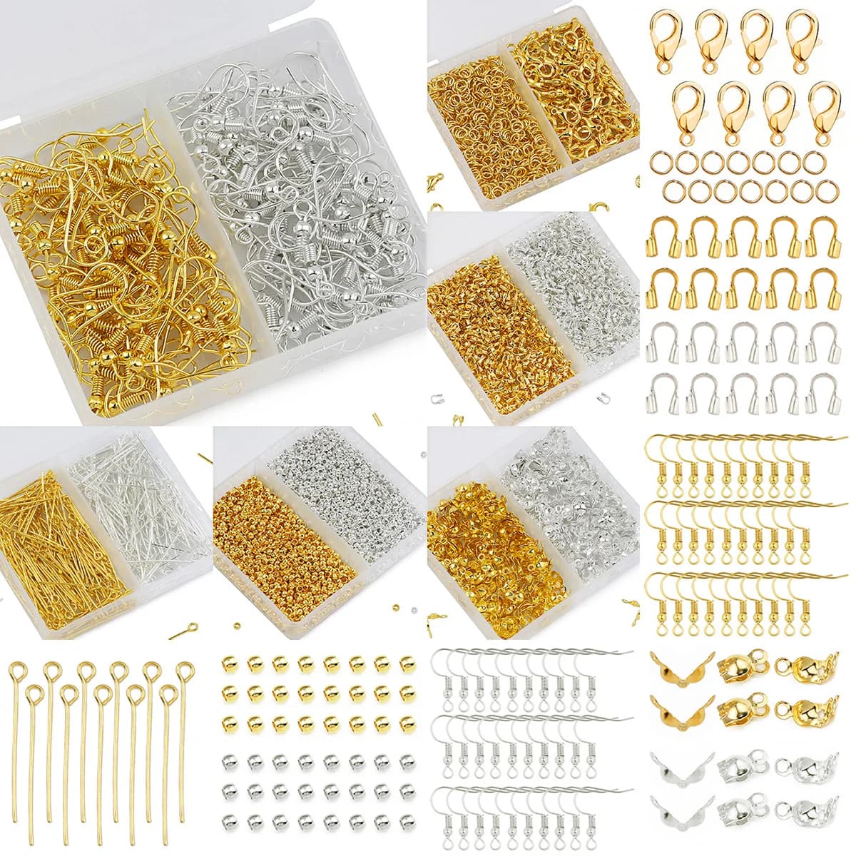 Scatola Gioielli fai da te Materiali Accessori Chiusura a moschettone Anelli per saltare Orecchini Schienali Tappo Tubo a crimpare Perlina a conchiglia Testa piatta Perno
