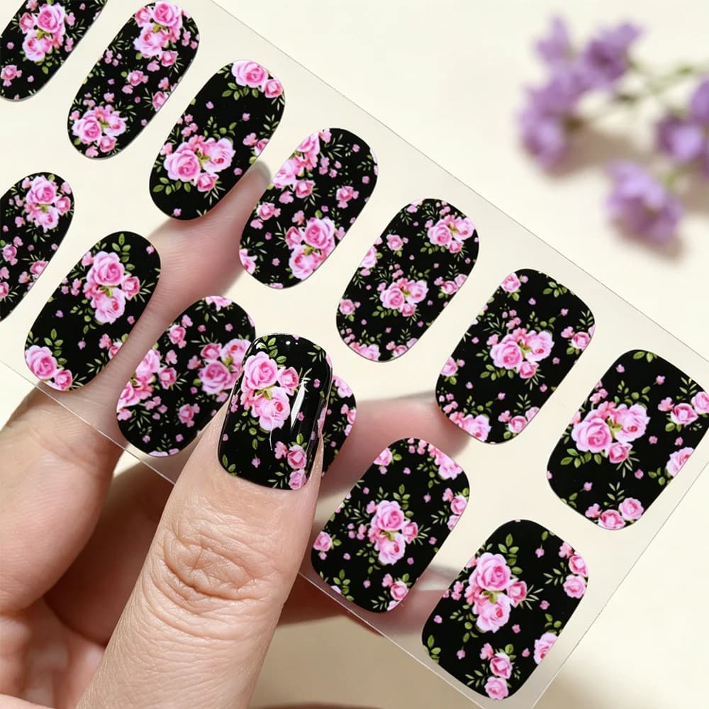 16Tips/Sheet Romantic Pink Rose Nail Polish Stickers Peony Flower Full Cover Nails Decals for Spring Fresh Floral Manicure Wraps