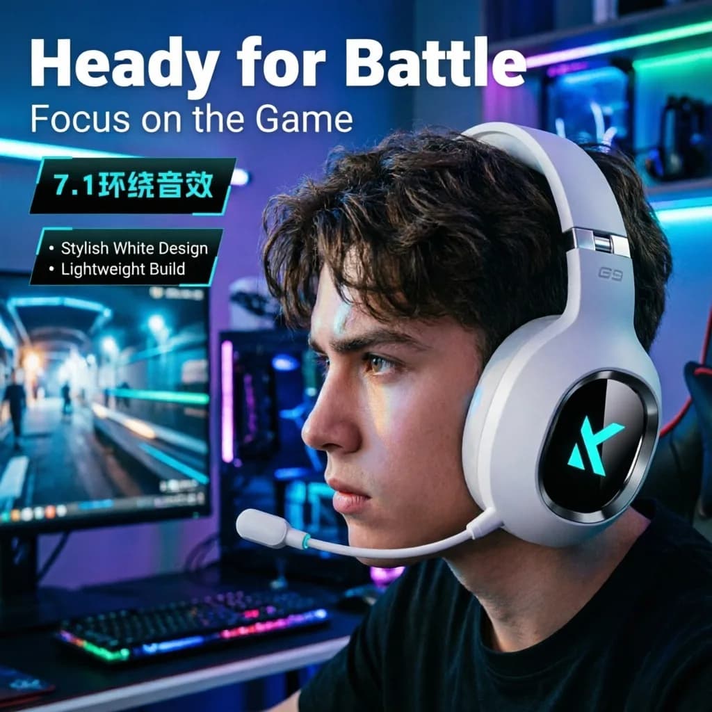 MCHOSES G9 Pro Wireless Bluetooth Gaming Headset 7.1 Surround, Sound Headphones Rechargeable PC, Computer Earphones Gamer White