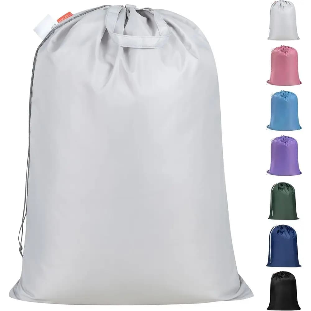 Large Washable Heavy-Duty Laundry Bag with Reinforced Handles and String Closure for College Dorms and Travel - Silver