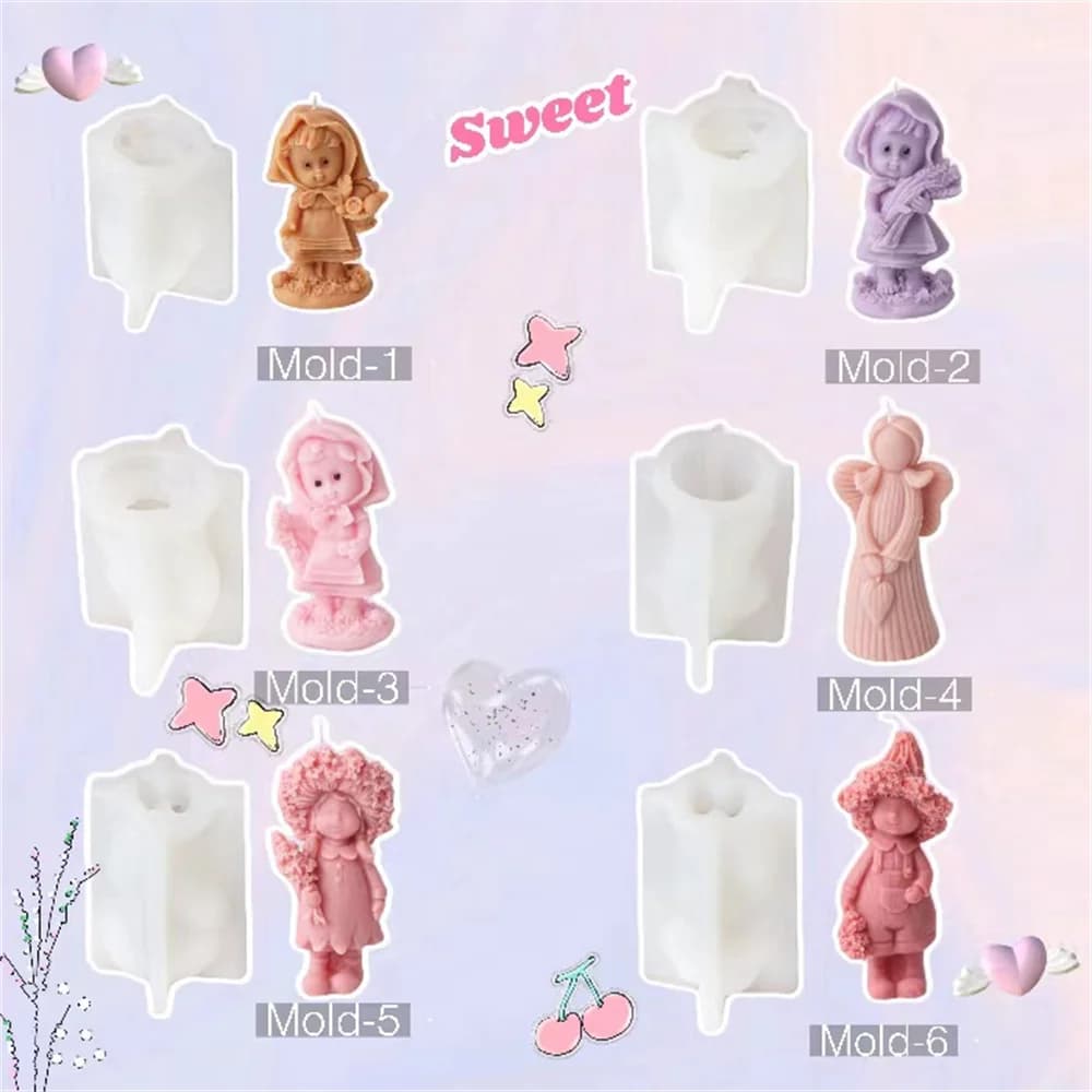 Flower Holding Boy Girl Silicone Candle Mold Little Female Doll Wax Soap Resin Mould Handmade Gift Crystal Epoxy Casting Tool