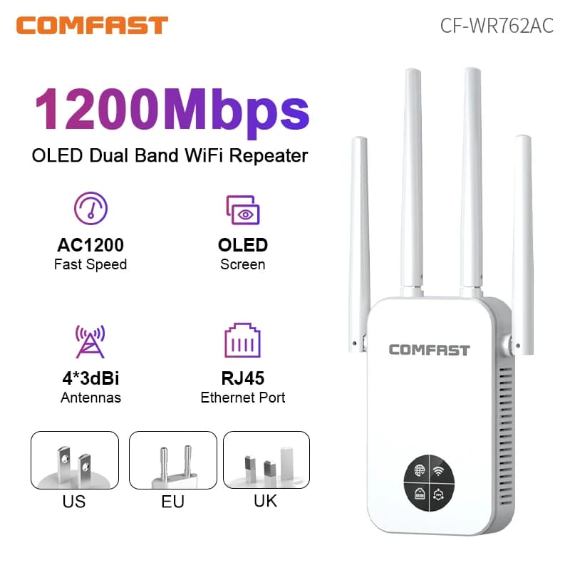 Ripetitore WiFi COMFAST 1200Mbps con Display OLED, Dual-Band 2.4G&5GHz, 4 Antenne 3dBi, Amplificatore di Segnale Wi-Fi
