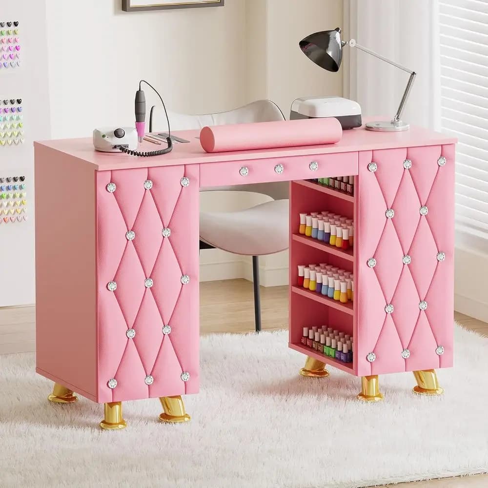 Manicure Table Nail Desk w/Dust Collector Wrist Rest Acrylic Resistant Workstation w/Ders Cabinet Pink Leather Pad Diamonds
