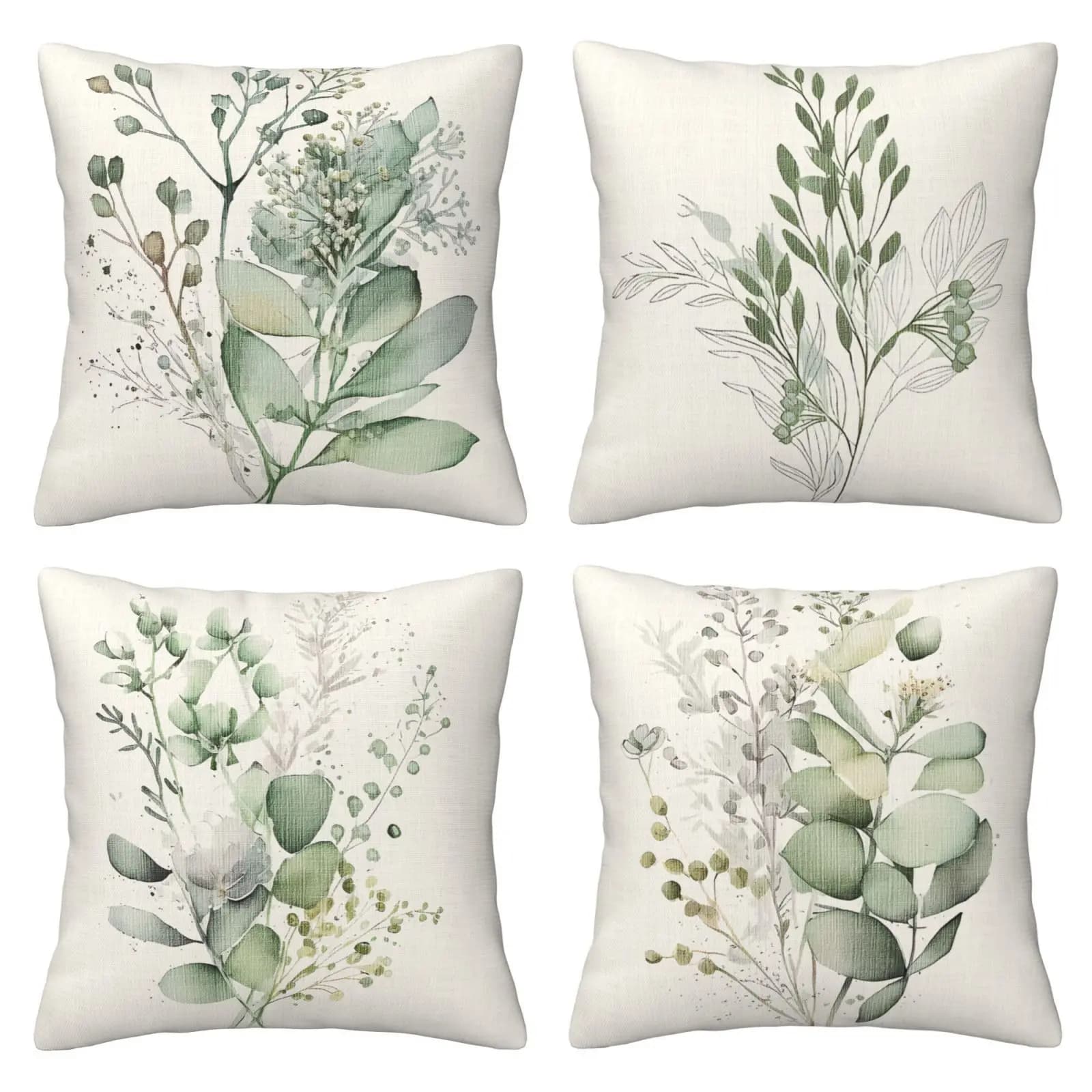 Pillows with 4 piece leaf print - Modern watercolor design, zipper closure for sofa/bed/living room, washing machine