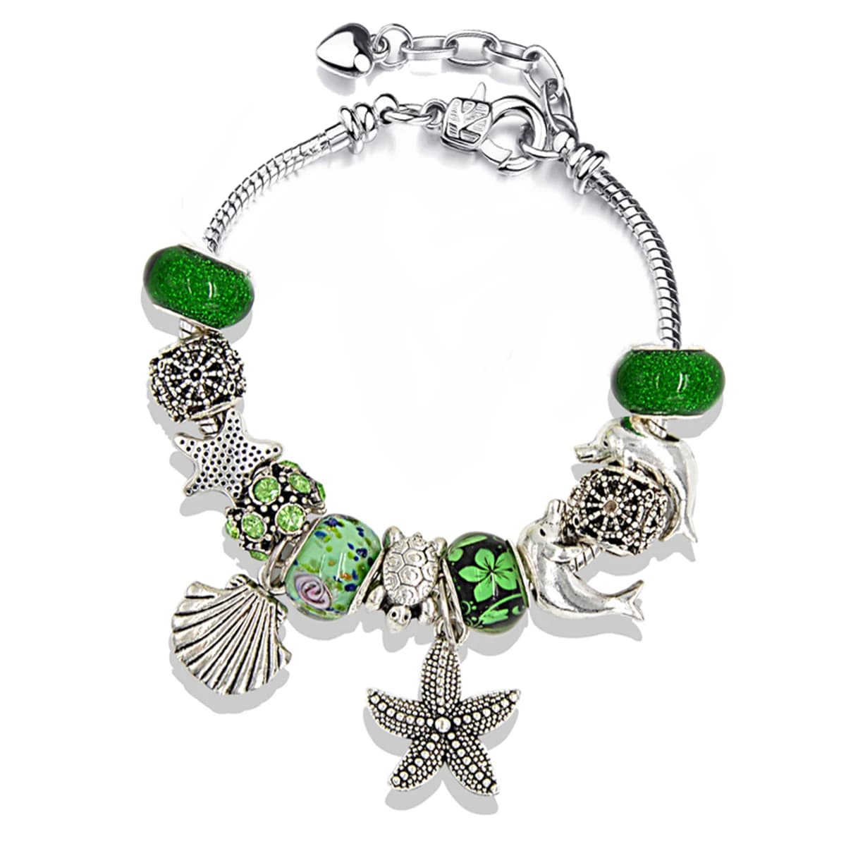 Bracciale Classico con Ciondoli a Tema Vita Marina Verde Oceano, Gioielli in Argento Anticato con Stella Marina, Conchiglia, Tartaruga, Delfino per Regalo da Spiaggia