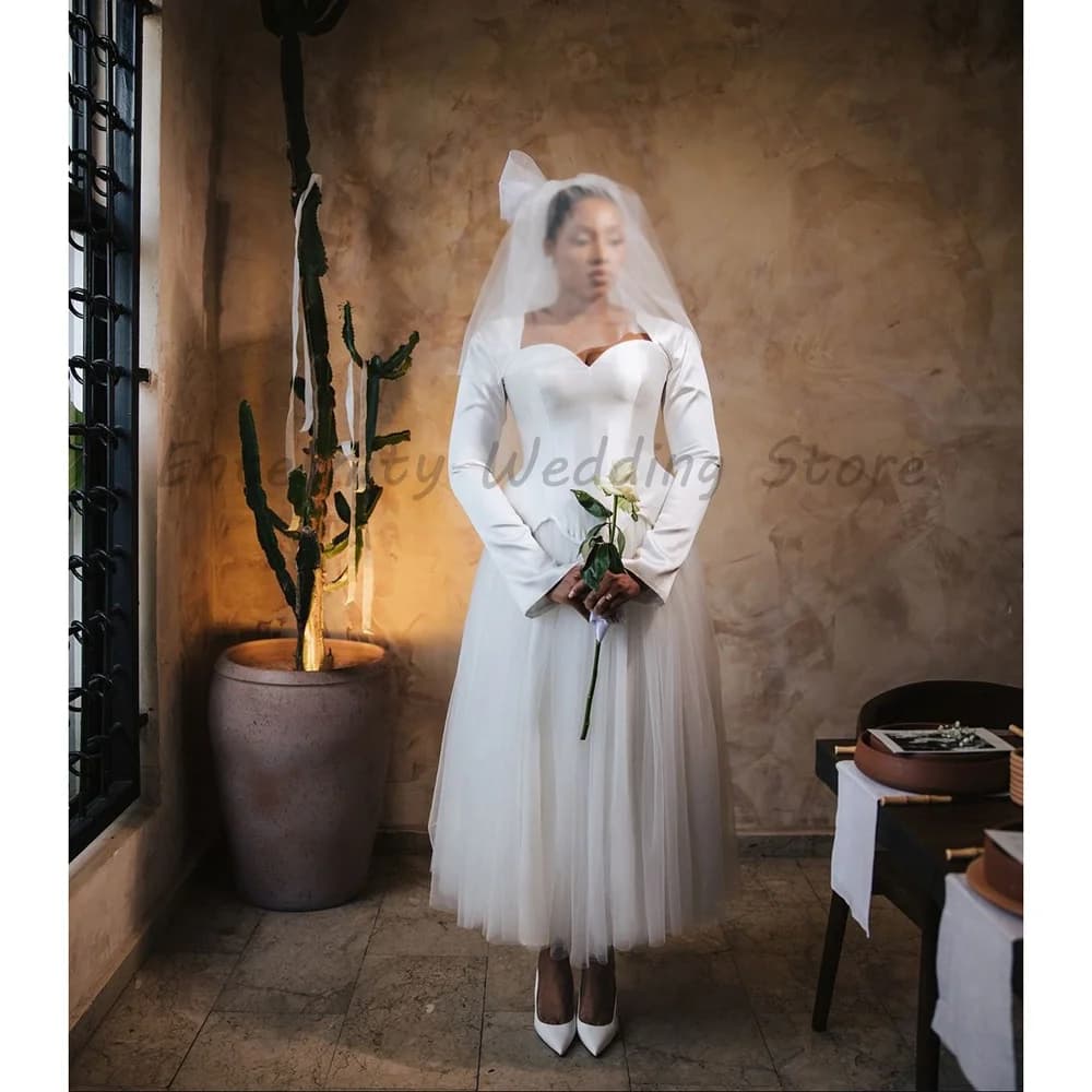 Midi Tea Length Wedding Dress Sweetheart Corset Bodice Long Flare Sleeve Peplum Tulle Skirt Short Bridal Gown
