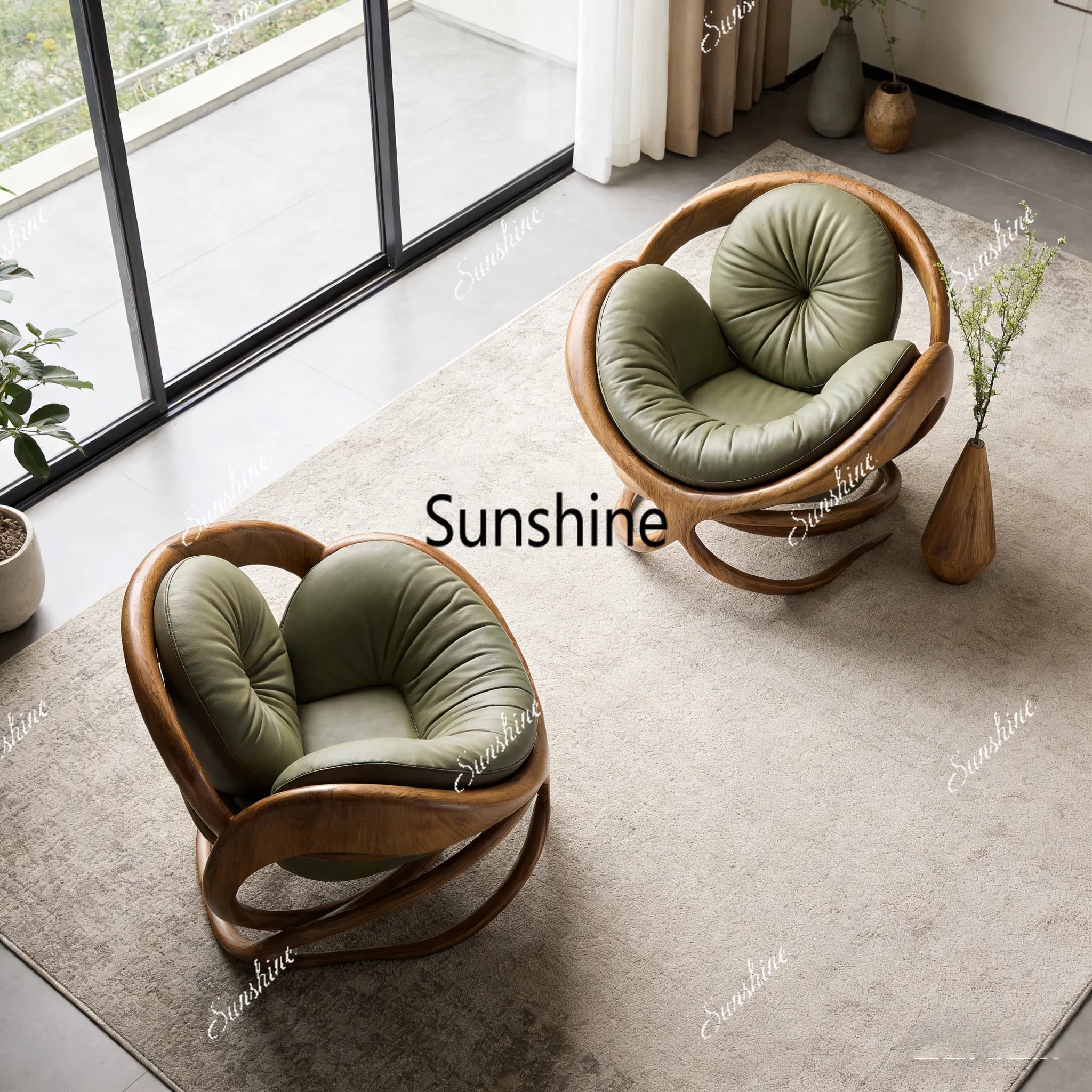 Modern Design Solid Wood Circular Leisure Chair Leather Cushion Cross Base Customizable Fabric Color Living Room Single Chair
