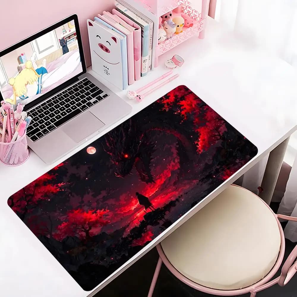Tappetino per mouse da gaming grande con bordo cucito, spesso, per tastiera e scrivania, con disegno cartone animato C-Dragon