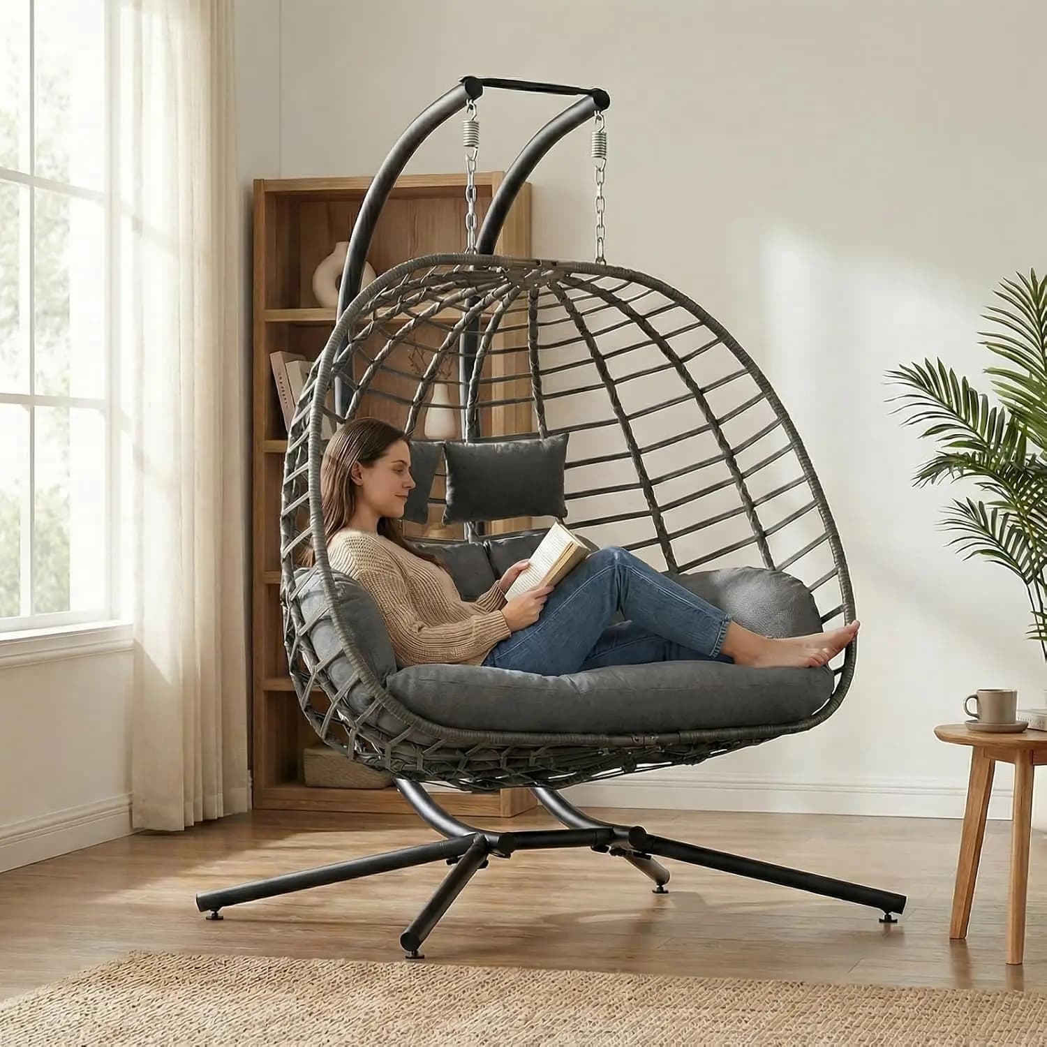 2 Person Egg Swing Chair with Stand Outdoor Indoor Wicker Hammock Cushion Patio Garden Lawn Dark Grey, Custom